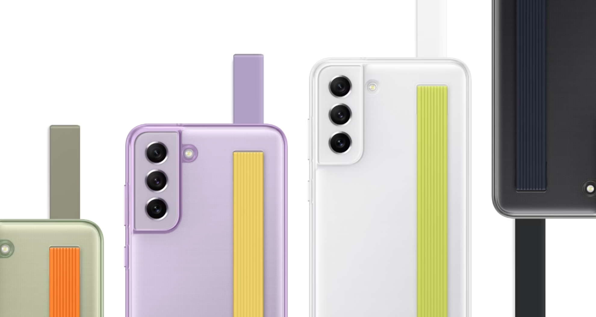 Bốn điện thoại Galaxy S21 FE 5G, tất cả đều được nhìn từ phía sau với Ốp lưng dạng dây đeo mỏng được lắp vào để thể hiện sự kết hợp khác nhau giữa màu sắc của điện thoại và màu sắc của dây đeo.